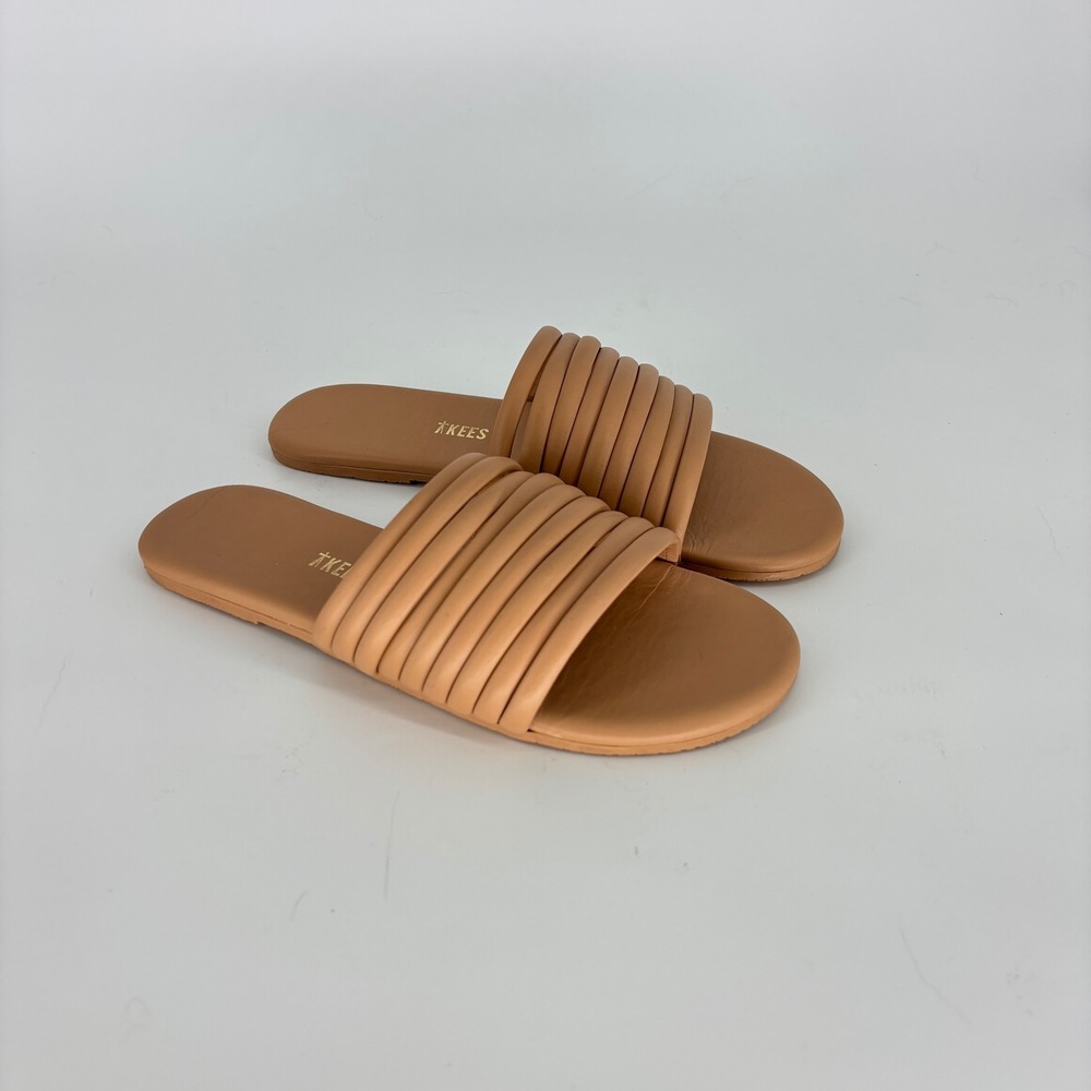 Tkees Caro Leather Slide Sandal Pout Tan Women Size 8 Rounded Straps Flat Casual